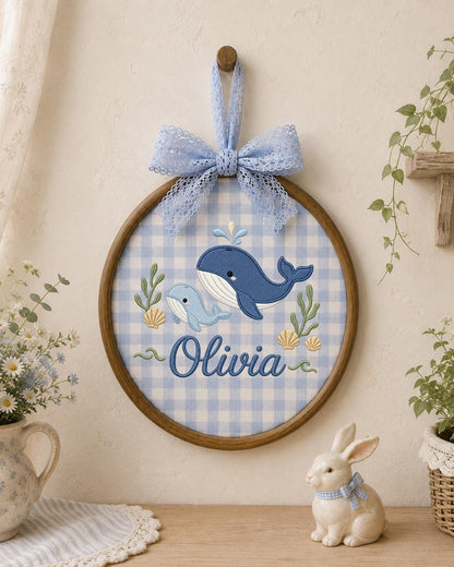 Personalized Embroidered Whale Ornament, Custom Baby Name Hoop, Ocean Nursery Wall Decor, Baby Girl Gift, Newborn Keepsake