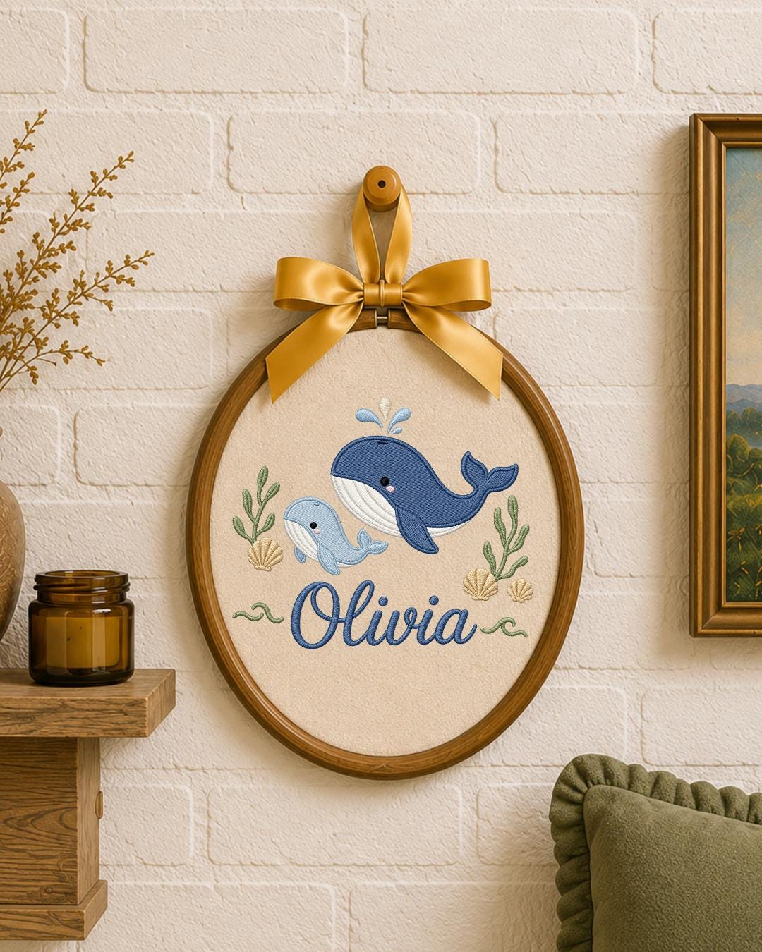 Personalized Embroidered Whale Ornament, Custom Baby Name Hoop, Ocean Nursery Wall Decor, Baby Girl Gift, Newborn Keepsake