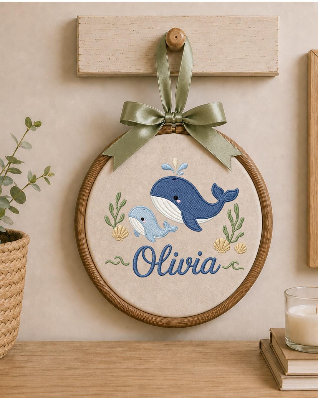 Personalized Embroidered Whale Ornament, Custom Baby Name Hoop, Ocean Nursery Wall Decor, Baby Girl Gift, Newborn Keepsake