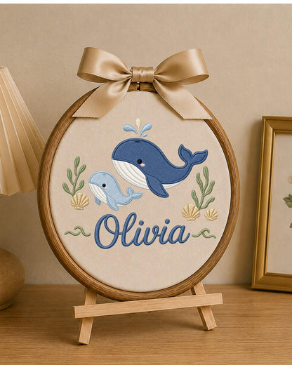 Personalized Embroidered Whale Ornament, Custom Baby Name Hoop, Ocean Nursery Wall Decor, Baby Girl Gift, Newborn Keepsake