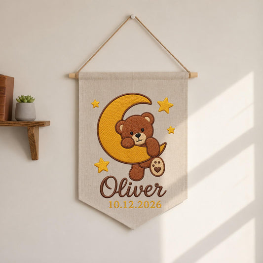 Personalized Embroidered Teddy Bear Wall Hanging Banner, Custom Baby Name Sign, Moon Nursery Decor, Birth Date Keepsake, Baby Gift