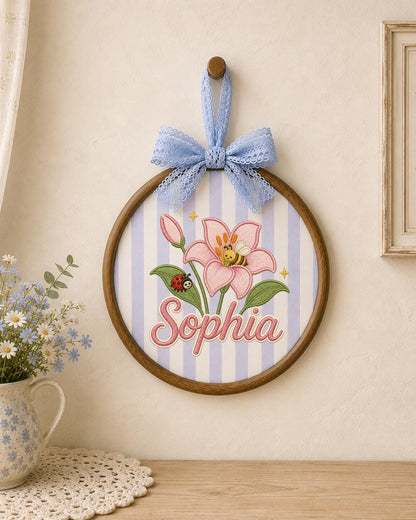 Personalized Embroidered Flower Ornament, Custom Baby Name Hoop, Lily Bee Nursery Decor, Floral Baby Girl Gift, Newborn Keepsake