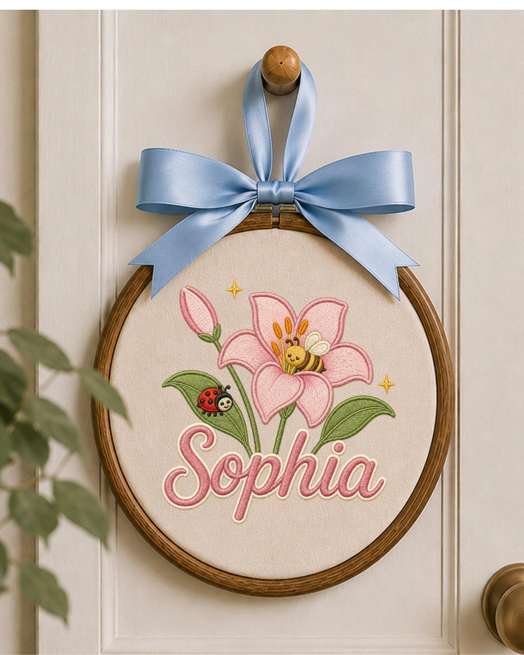 Personalized Embroidered Flower Ornament, Custom Baby Name Hoop, Lily Bee Nursery Decor, Floral Baby Girl Gift, Newborn Keepsake