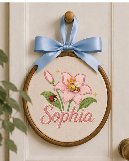 Personalized Embroidered Flower Ornament, Custom Baby Name Hoop, Lily Bee Nursery Decor, Floral Baby Girl Gift, Newborn Keepsake