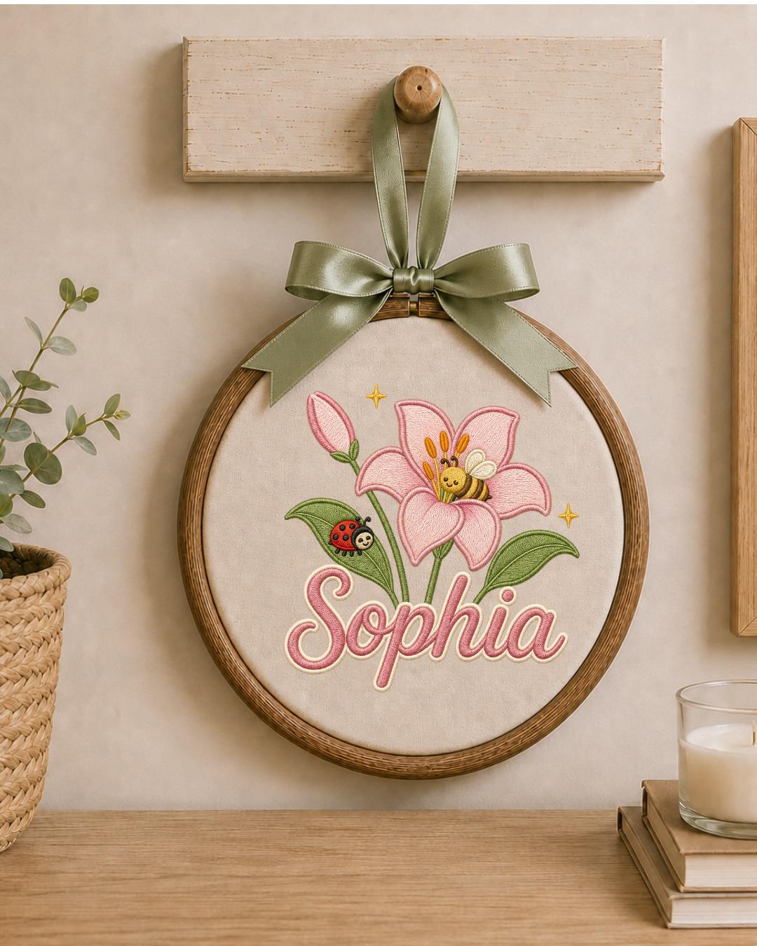 Personalized Embroidered Flower Ornament, Custom Baby Name Hoop, Lily Bee Nursery Decor, Floral Baby Girl Gift, Newborn Keepsake