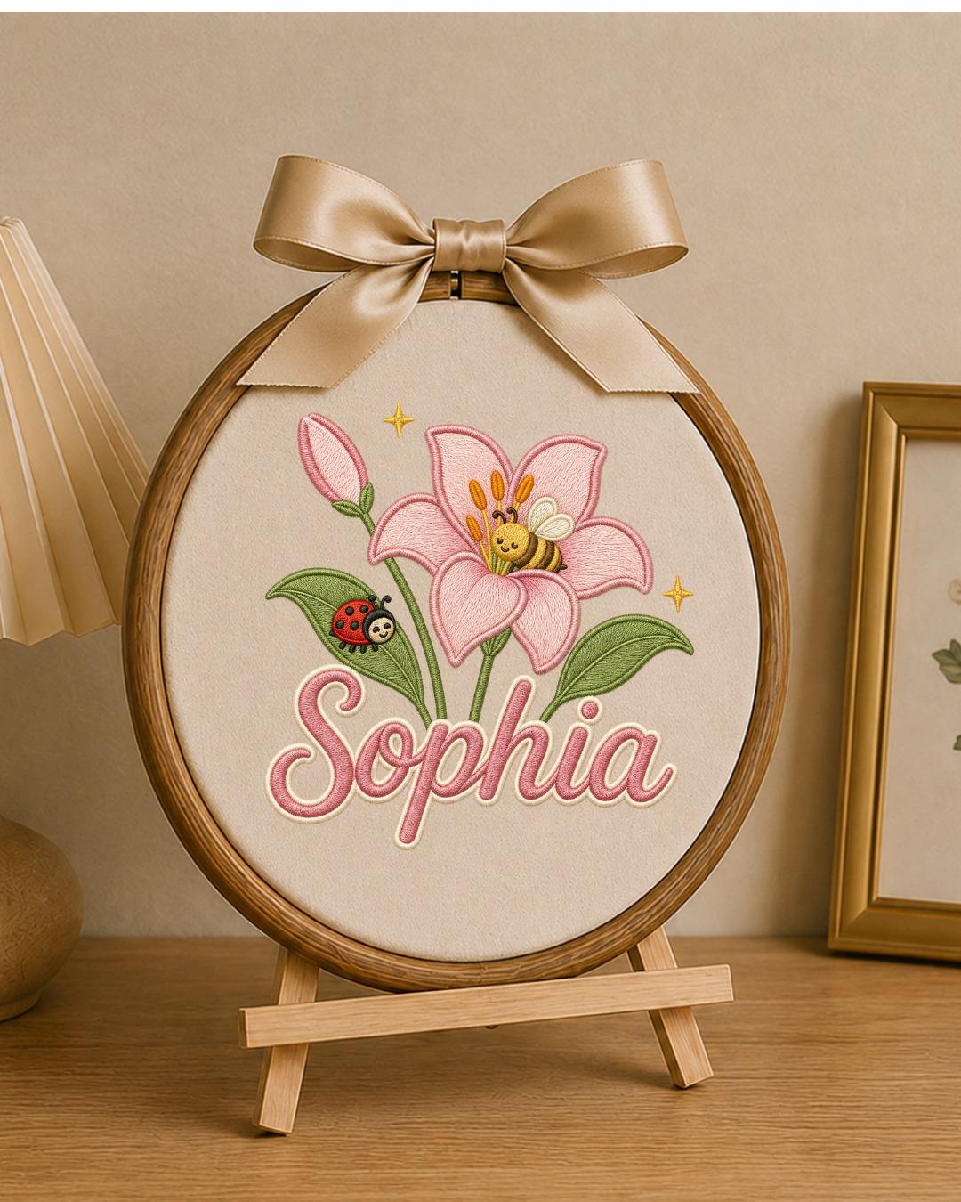 Personalized Embroidered Flower Ornament, Custom Baby Name Hoop, Lily Bee Nursery Decor, Floral Baby Girl Gift, Newborn Keepsake