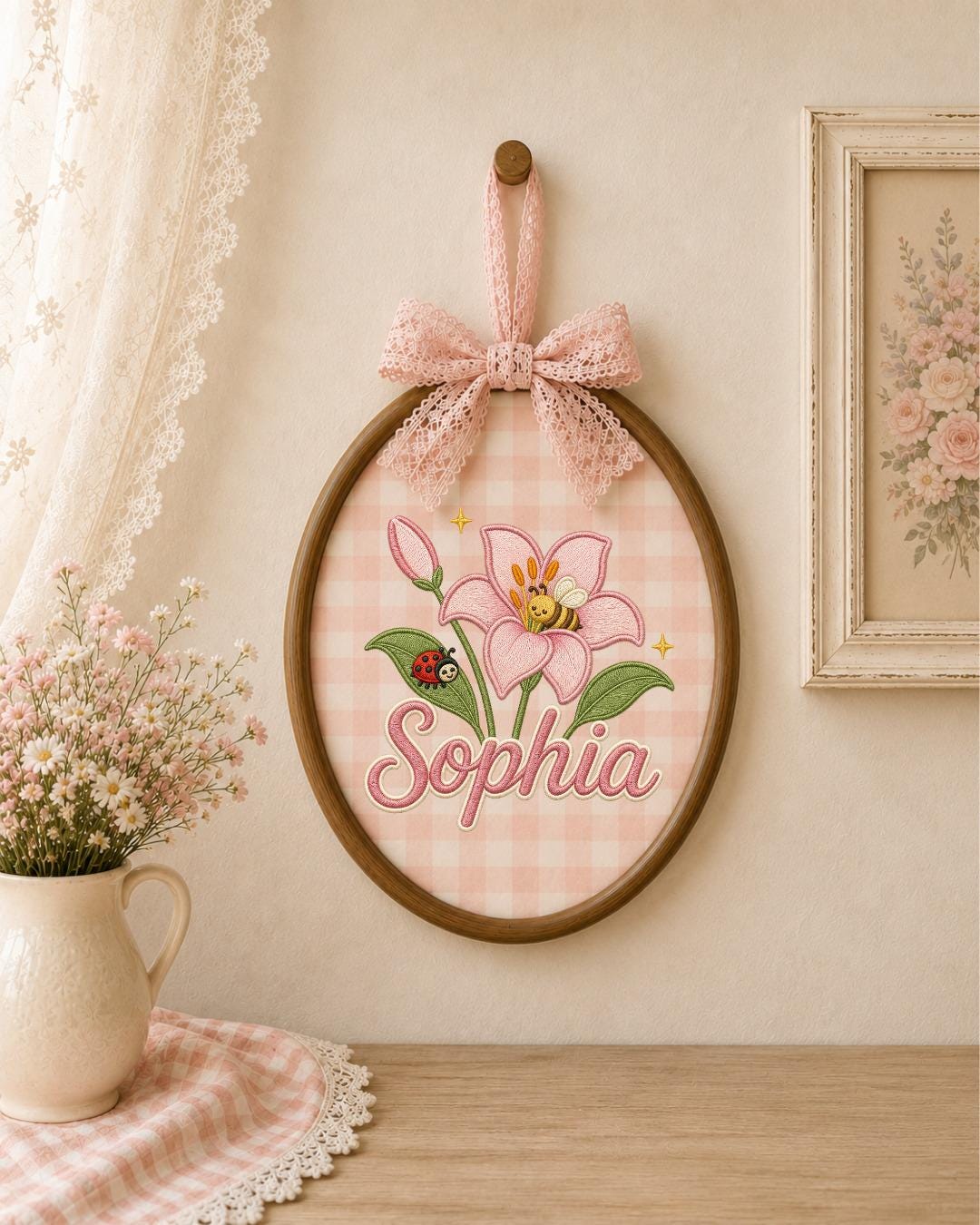 Personalized Embroidered Flower Ornament, Custom Baby Name Hoop, Lily Bee Nursery Decor, Floral Baby Girl Gift, Newborn Keepsake