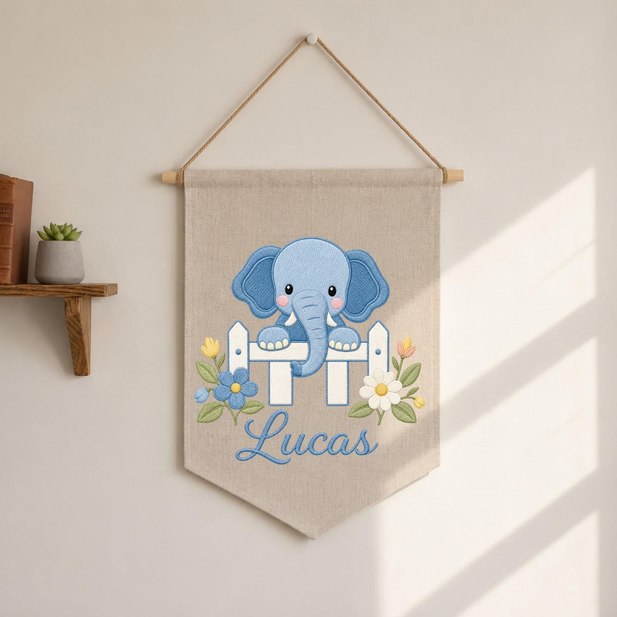 Personalized Embroidered Elephant Wall Hanging Banner, Custom Baby Name Sign, Floral Nursery Decor, Baby Shower Gift, Kids Room Decor