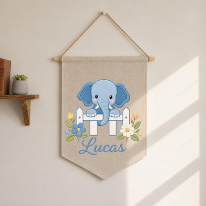Personalized Embroidered Elephant Wall Hanging Banner, Custom Baby Name Sign, Floral Nursery Decor, Baby Shower Gift, Kids Room Decor
