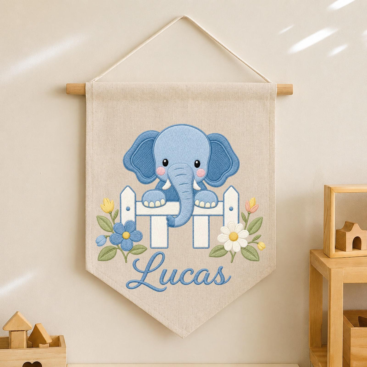 Personalized Embroidered Elephant Wall Hanging Banner, Custom Baby Name Sign, Floral Nursery Decor, Baby Shower Gift, Kids Room Decor