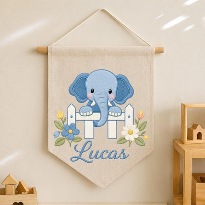 Personalized Embroidered Elephant Wall Hanging Banner, Custom Baby Name Sign, Floral Nursery Decor, Baby Shower Gift, Kids Room Decor