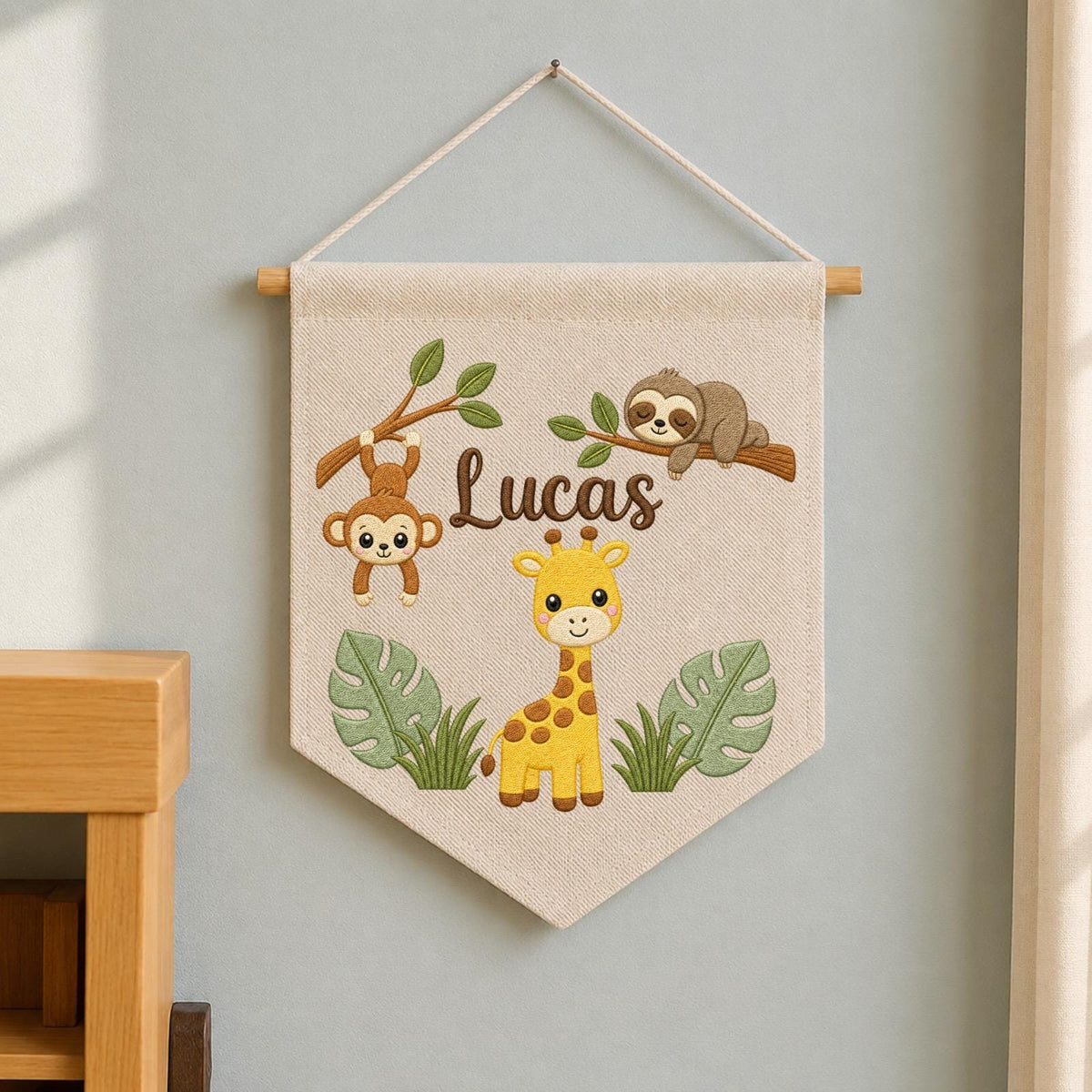 Personalized Embroidered Safari Animals Wall Hanging Banner, Custom Baby Name Sign, Jungle Nursery Decor, Baby Shower Gift