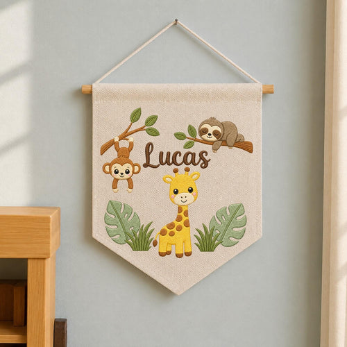 Personalized Embroidered Safari Animals Wall Hanging Banner, Custom Baby Name Sign, Jungle Nursery Decor, Baby Shower Gift