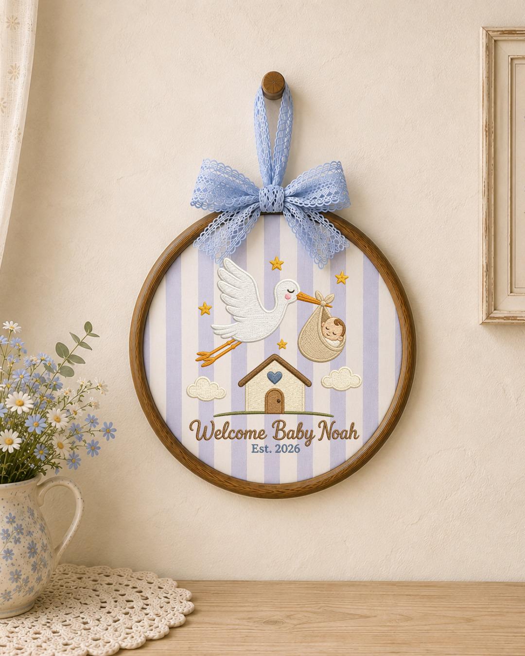 Personalized Embroidered Baby Announcement Ornament, Custom Baby Name Stork Hoop, Welcome Baby Nursery Decor, Newborn Keepsake Gift