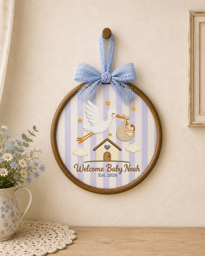 Personalized Embroidered Baby Announcement Ornament, Custom Baby Name Stork Hoop, Welcome Baby Nursery Decor, Newborn Keepsake Gift