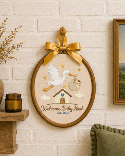 Personalized Embroidered Baby Announcement Ornament, Custom Baby Name Stork Hoop, Welcome Baby Nursery Decor, Newborn Keepsake Gift