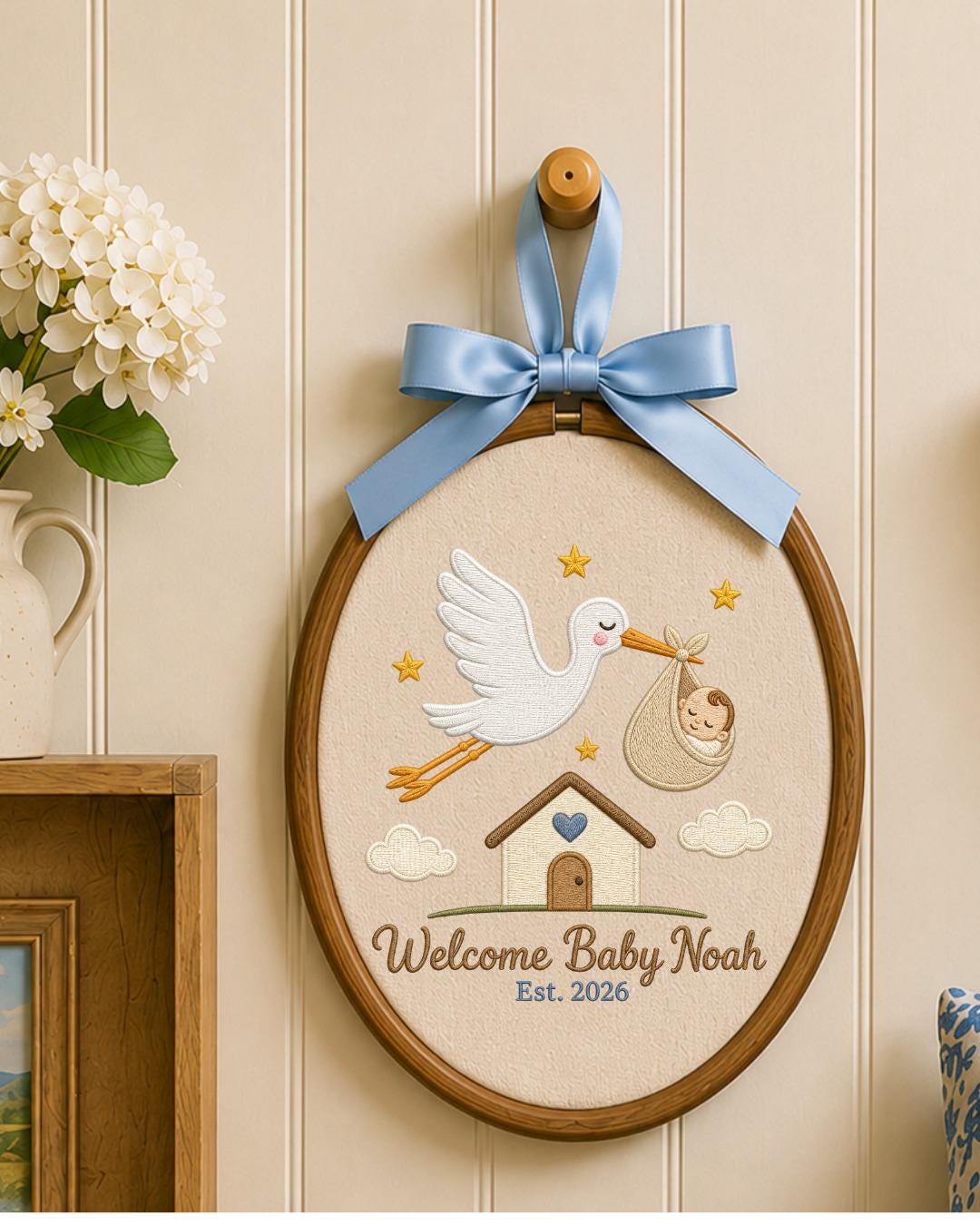 Personalized Embroidered Baby Announcement Ornament, Custom Baby Name Stork Hoop, Welcome Baby Nursery Decor, Newborn Keepsake Gift
