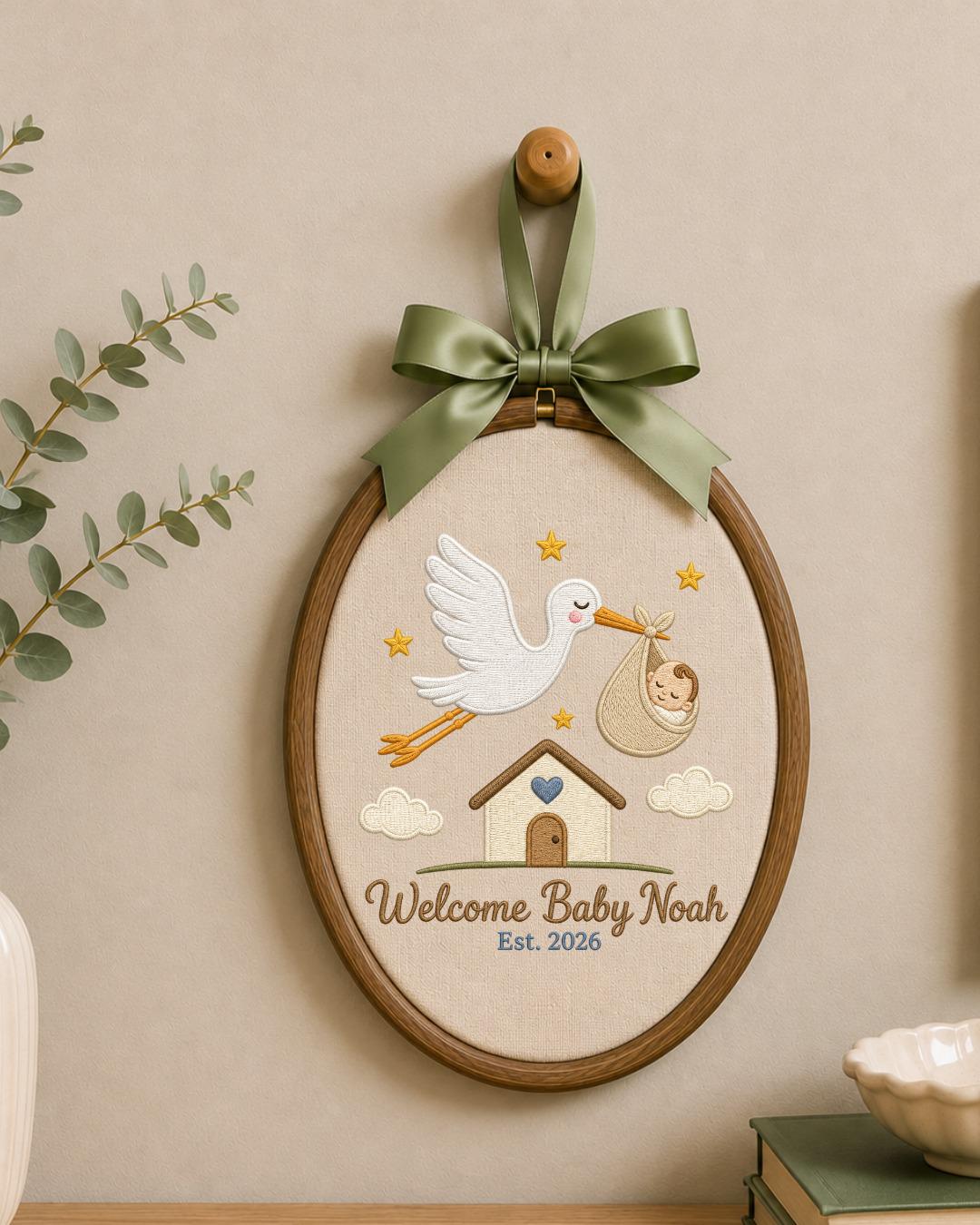 Personalized Embroidered Baby Announcement Ornament, Custom Baby Name Stork Hoop, Welcome Baby Nursery Decor, Newborn Keepsake Gift