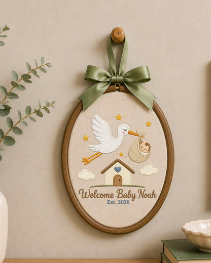 Personalized Embroidered Baby Announcement Ornament, Custom Baby Name Stork Hoop, Welcome Baby Nursery Decor, Newborn Keepsake Gift