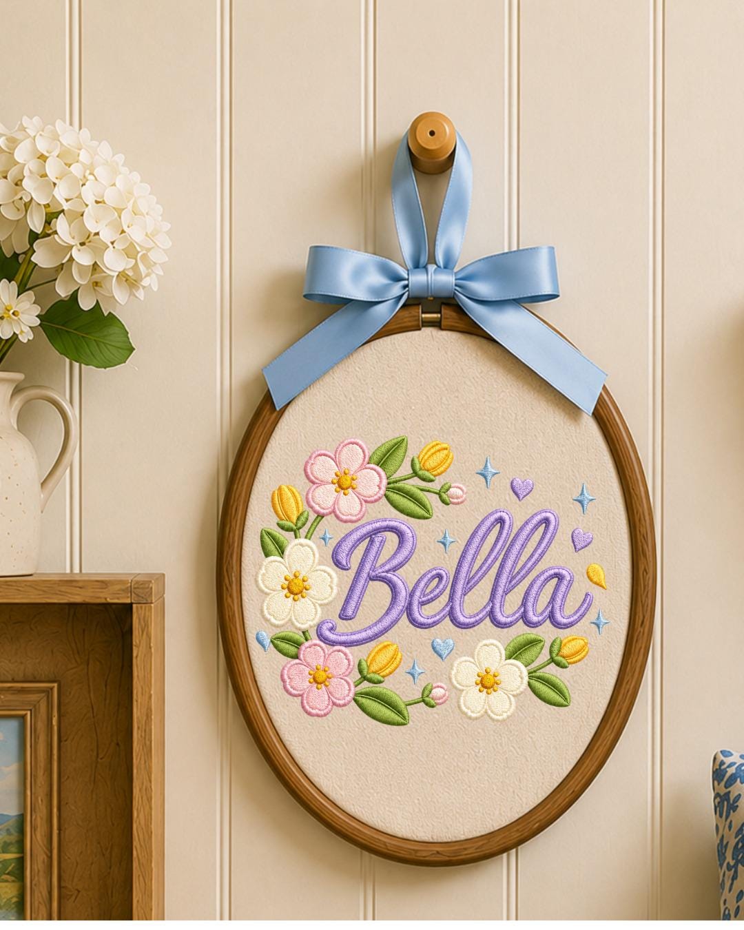 Personalized Embroidered Floral Name Ornament, Custom Baby Name Hoop, Flower Nursery Wall Decor, Baby Girl Gift, Newborn Keepsake