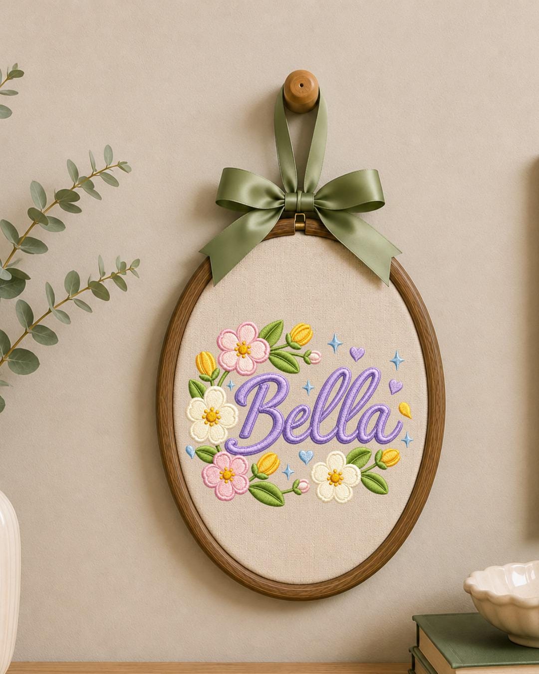 Personalized Embroidered Floral Name Ornament, Custom Baby Name Hoop, Flower Nursery Wall Decor, Baby Girl Gift, Newborn Keepsake
