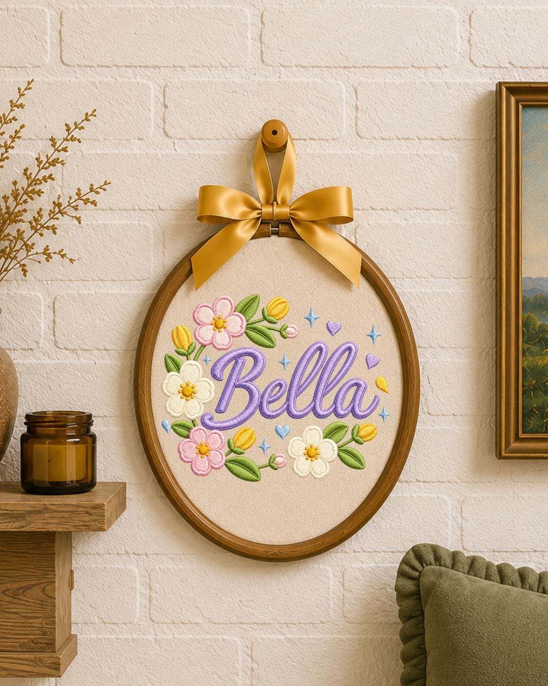 Personalized Embroidered Floral Name Ornament, Custom Baby Name Hoop, Flower Nursery Wall Decor, Baby Girl Gift, Newborn Keepsake