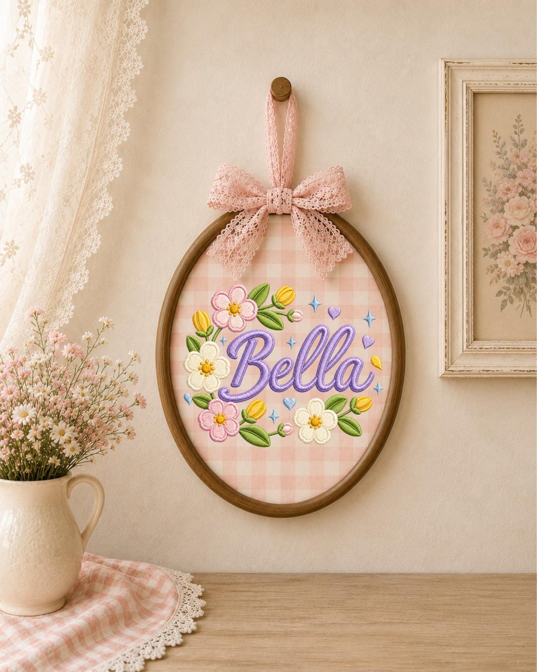 Personalized Embroidered Floral Name Ornament, Custom Baby Name Hoop, Flower Nursery Wall Decor, Baby Girl Gift, Newborn Keepsake