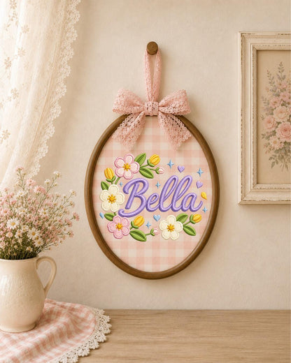 Personalized Embroidered Floral Name Ornament, Custom Baby Name Hoop, Flower Nursery Wall Decor, Baby Girl Gift, Newborn Keepsake