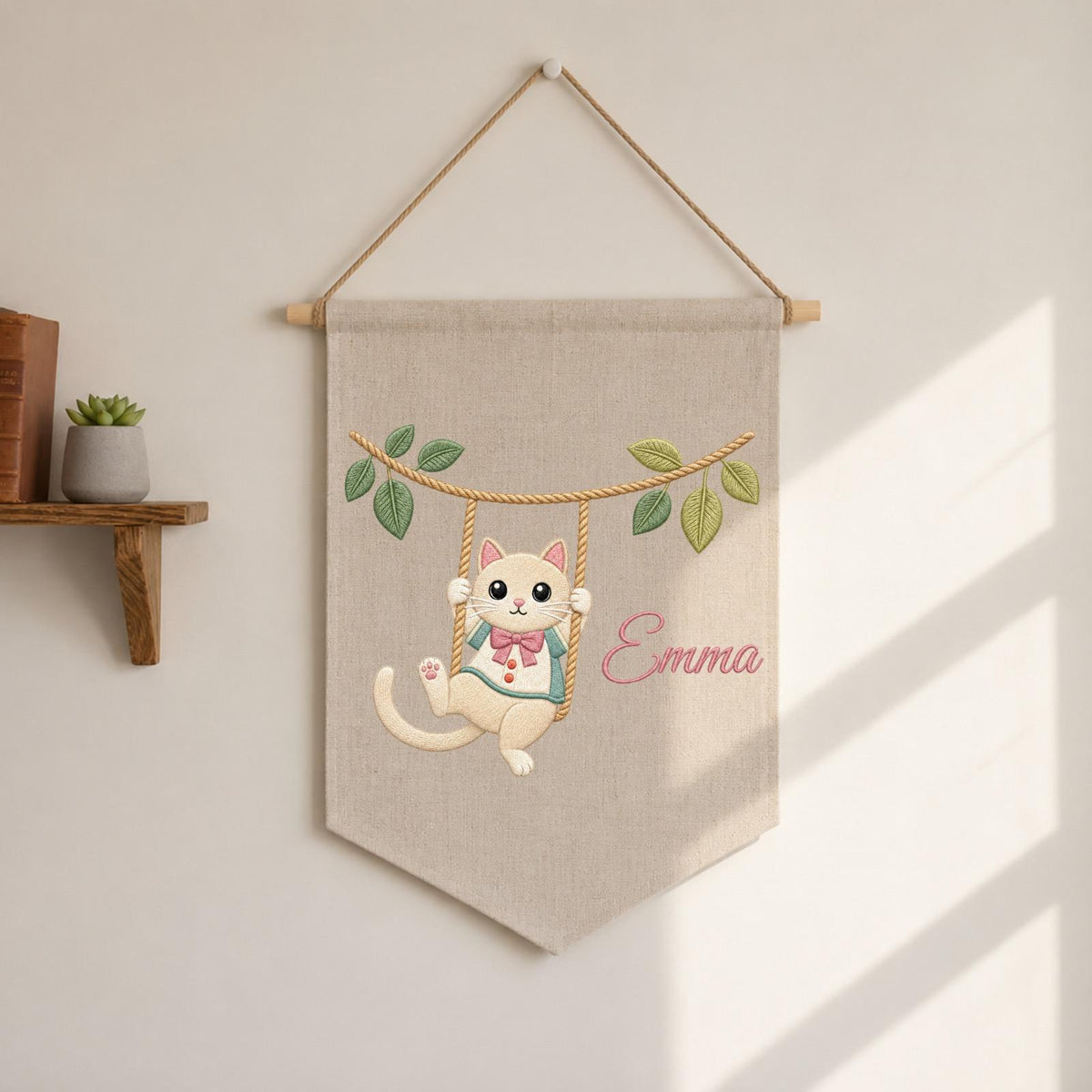 Personalized Embroidered Cat Wall Hanging Banner, Custom Baby Name Sign, Cute Kitten Nursery Decor, Baby Shower Gift, Kids Room Decor