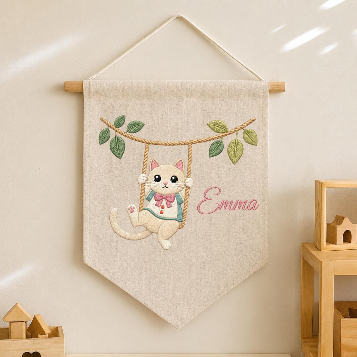 Personalized Embroidered Cat Wall Hanging Banner, Custom Baby Name Sign, Cute Kitten Nursery Decor, Baby Shower Gift, Kids Room Decor