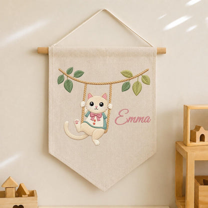 Personalized Embroidered Cat Wall Hanging Banner, Custom Baby Name Sign, Cute Kitten Nursery Decor, Baby Shower Gift, Kids Room Decor