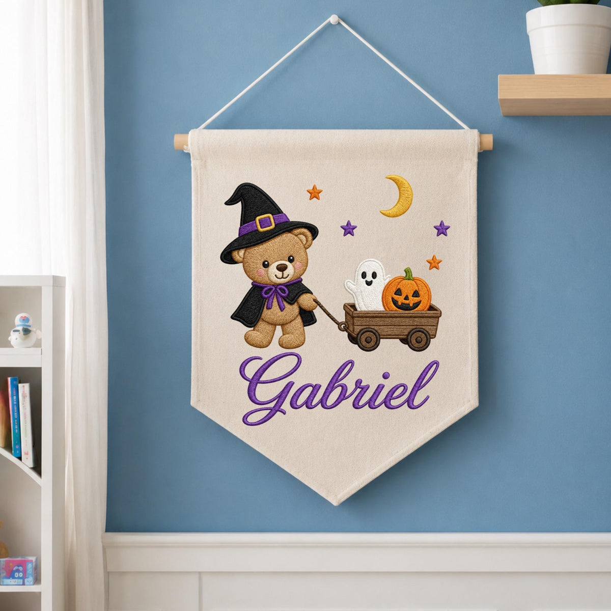 Personalized Embroidered Halloween Wall Hanging Banner, Custom Baby Name Sign, Teddy Bear Witch Decor, Pumpkin Ghost Kids Room