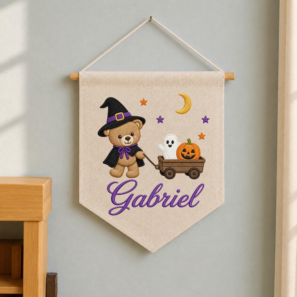 Personalized Embroidered Halloween Wall Hanging Banner, Custom Baby Name Sign, Teddy Bear Witch Decor, Pumpkin Ghost Kids Room