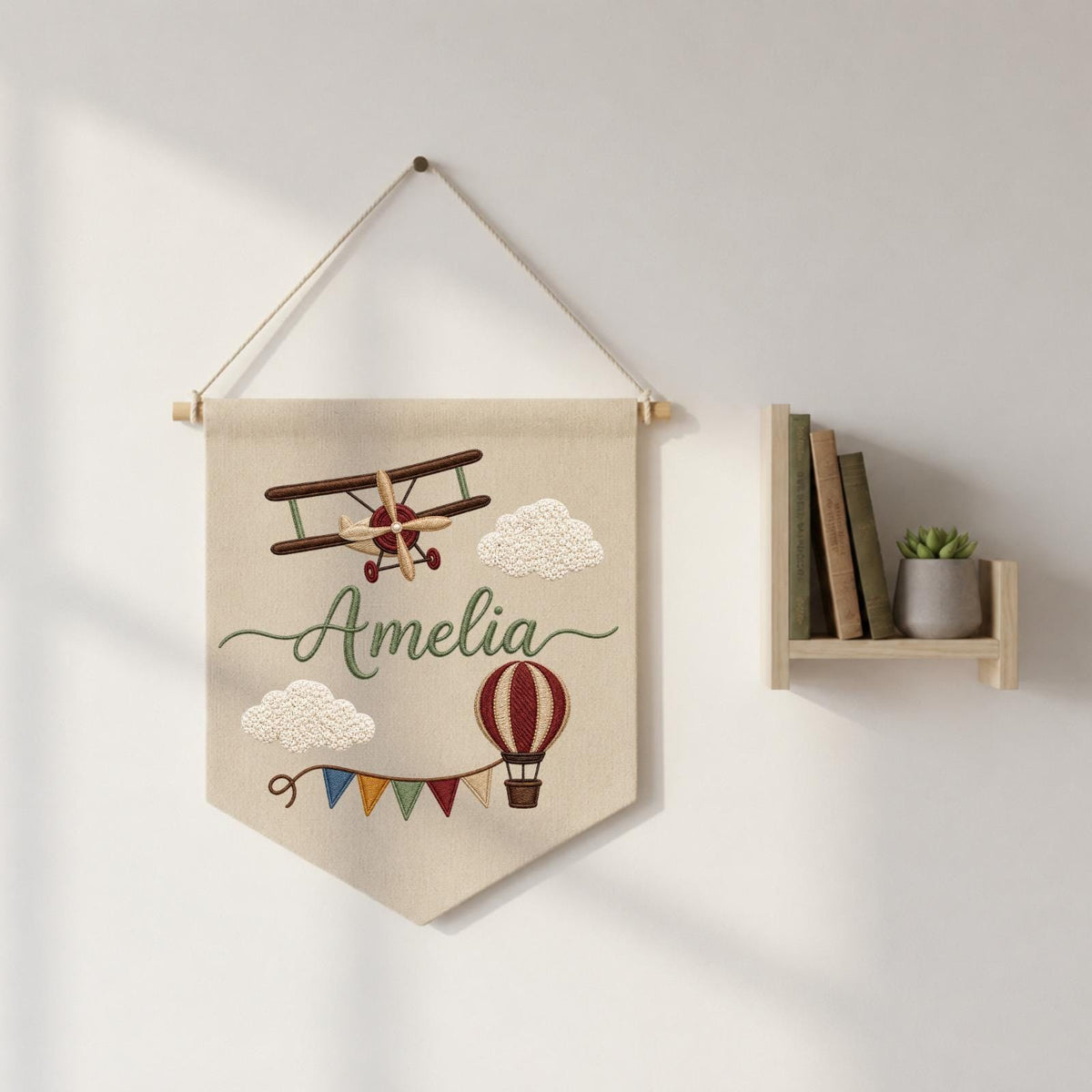 Personalized Embroidered Airplane Wall Hanging Banner, Custom Baby Name Sign, Aviation Nursery Decor, Hot Air Balloon Kids Room Decor