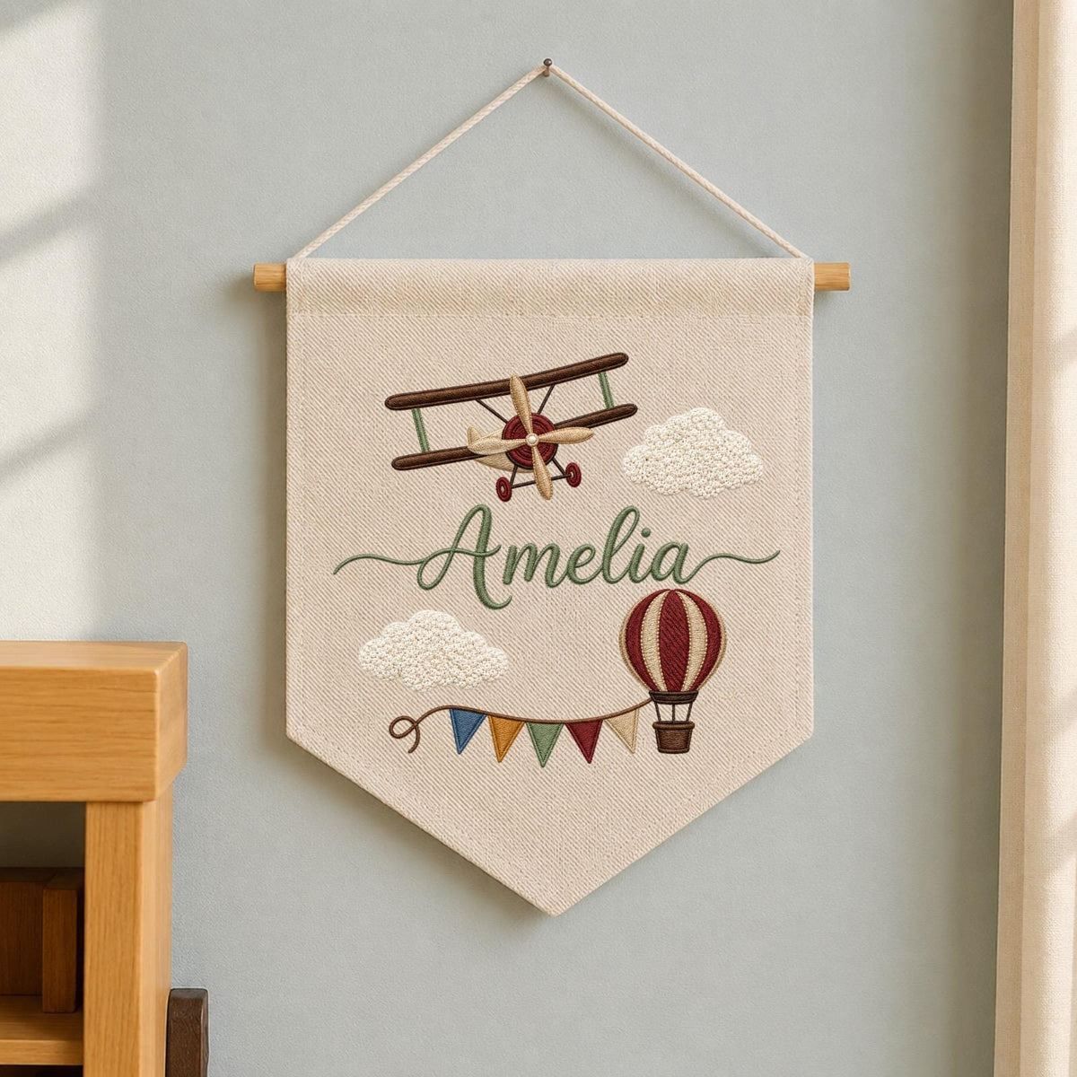 Personalized Embroidered Airplane Wall Hanging Banner, Custom Baby Name Sign, Aviation Nursery Decor, Hot Air Balloon Kids Room Decor
