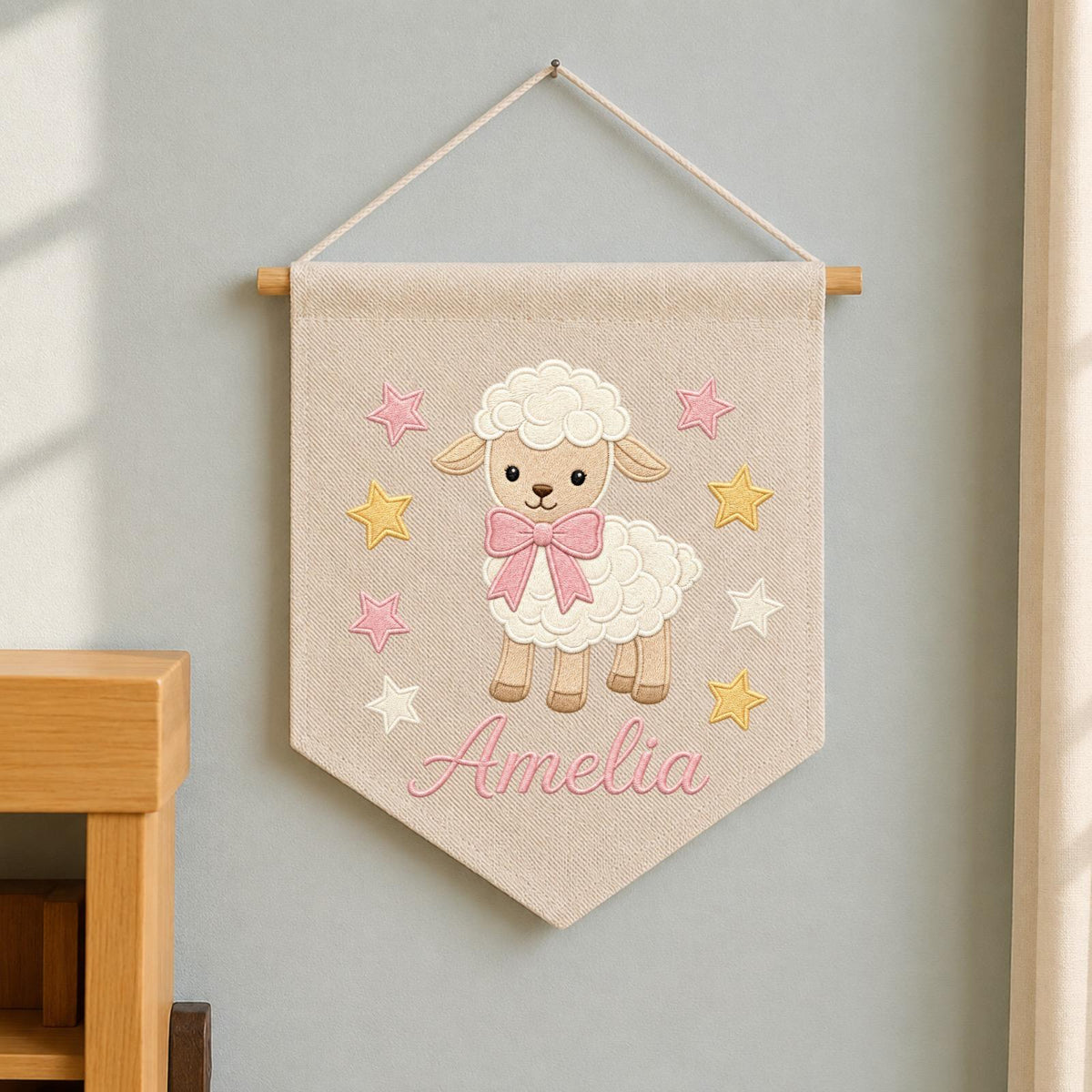 Personalized Embroidered Lamb Wall Hanging Banner, Custom Baby Name Sign, Sheep Nursery Decor, Baby Shower Gift, Baby Girl Room Decor