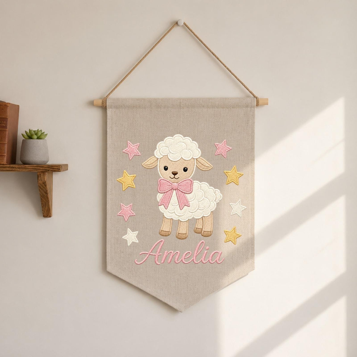 Personalized Embroidered Lamb Wall Hanging Banner, Custom Baby Name Sign, Sheep Nursery Decor, Baby Shower Gift, Baby Girl Room Decor