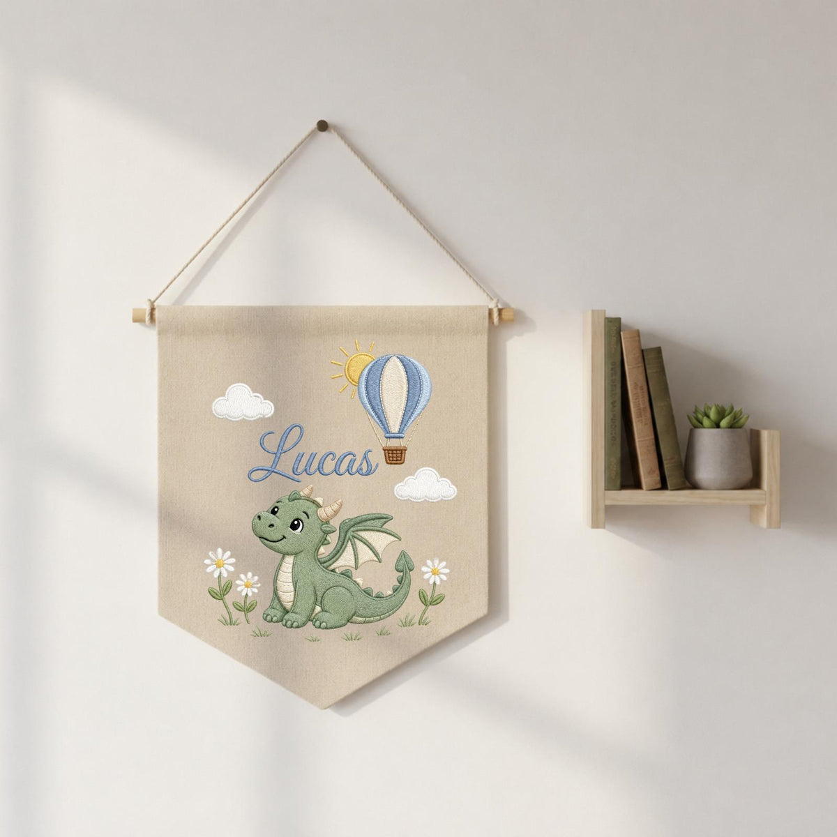 Personalized Embroidered Dragon Wall Hanging Banner, Custom Baby Name Sign, Fantasy Nursery Decor, Hot Air Balloon Kids Room Decor