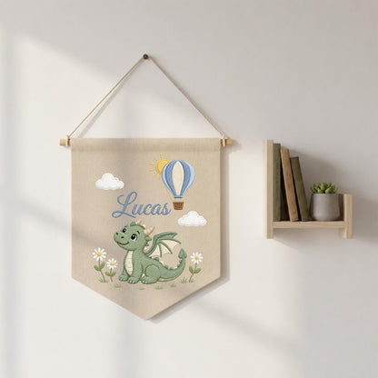 Personalized Embroidered Dragon Wall Hanging Banner, Custom Baby Name Sign, Fantasy Nursery Decor, Hot Air Balloon Kids Room Decor