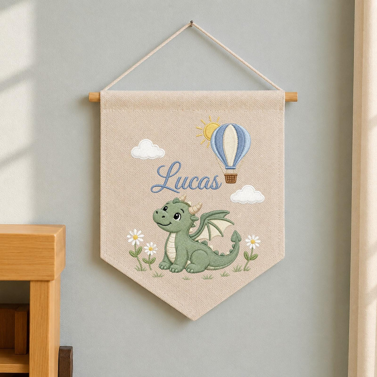 Personalized Embroidered Dragon Wall Hanging Banner, Custom Baby Name Sign, Fantasy Nursery Decor, Hot Air Balloon Kids Room Decor