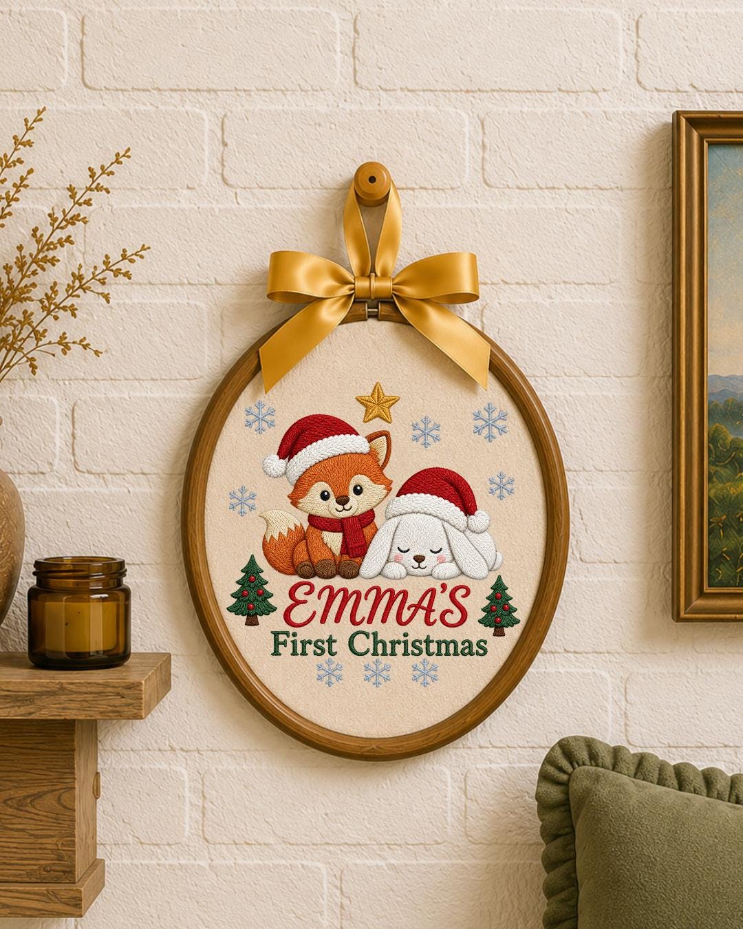 Personalized Embroidered First Christmas Ornament, Custom Baby Name Fox Bunny Hoop, Woodland Christmas Nursery Decor, Baby Keepsake Gift