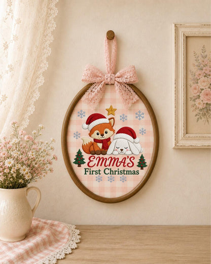 Personalized Embroidered First Christmas Ornament, Custom Baby Name Fox Bunny Hoop, Woodland Christmas Nursery Decor, Baby Keepsake Gift