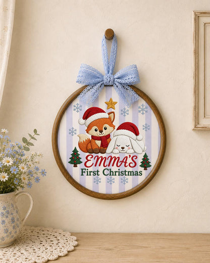 Personalized Embroidered First Christmas Ornament, Custom Baby Name Fox Bunny Hoop, Woodland Christmas Nursery Decor, Baby Keepsake Gift