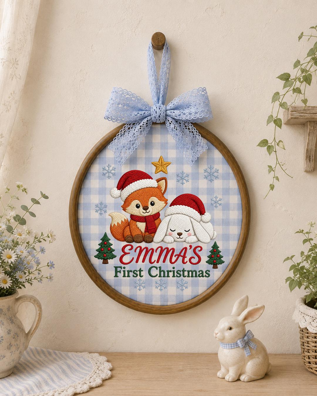Personalized Embroidered First Christmas Ornament, Custom Baby Name Fox Bunny Hoop, Woodland Christmas Nursery Decor, Baby Keepsake Gift
