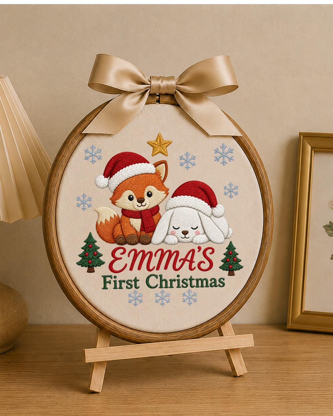 Personalized Embroidered First Christmas Ornament, Custom Baby Name Fox Bunny Hoop, Woodland Christmas Nursery Decor, Baby Keepsake Gift