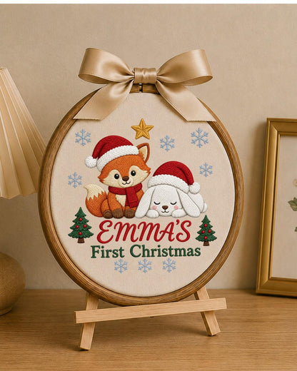 Personalized Embroidered First Christmas Ornament, Custom Baby Name Fox Bunny Hoop, Woodland Christmas Nursery Decor, Baby Keepsake Gift