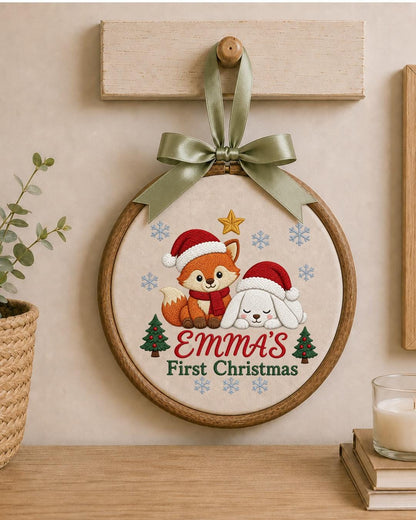 Personalized Embroidered First Christmas Ornament, Custom Baby Name Fox Bunny Hoop, Woodland Christmas Nursery Decor, Baby Keepsake Gift
