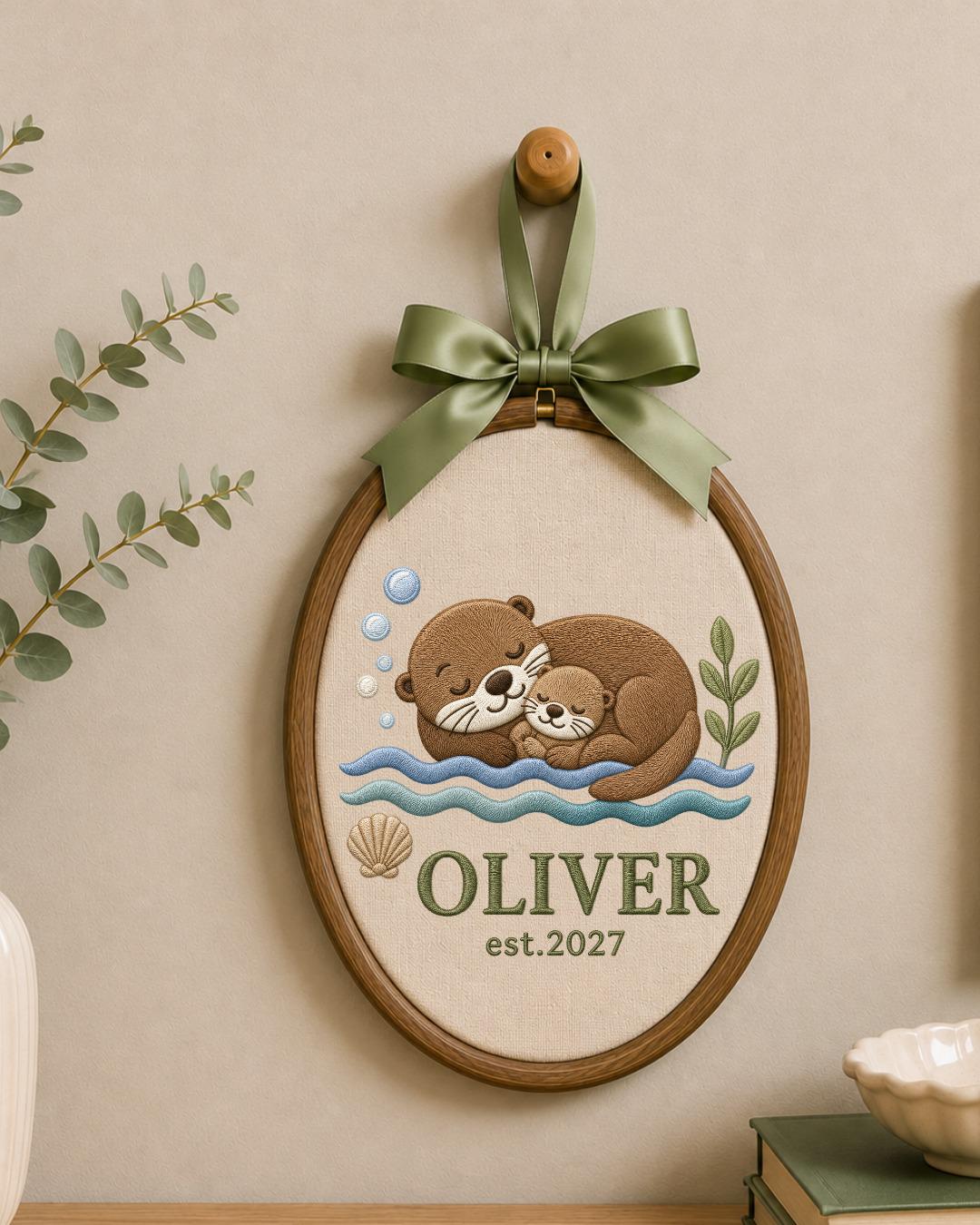 Personalized Embroidered Otter Ornament, Custom Baby Name Hoop, Sea Otter Nursery Decor, Newborn Keepsake Gift, Baby Shower Gift