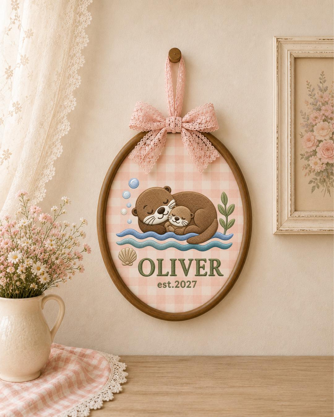 Personalized Embroidered Otter Ornament, Custom Baby Name Hoop, Sea Otter Nursery Decor, Newborn Keepsake Gift, Baby Shower Gift