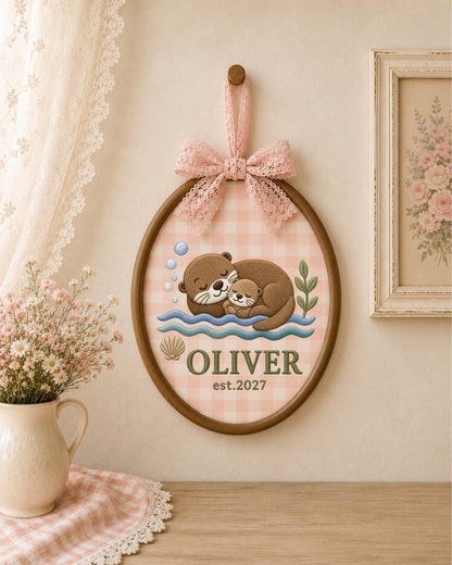 Personalized Embroidered Otter Ornament, Custom Baby Name Hoop, Sea Otter Nursery Decor, Newborn Keepsake Gift, Baby Shower Gift